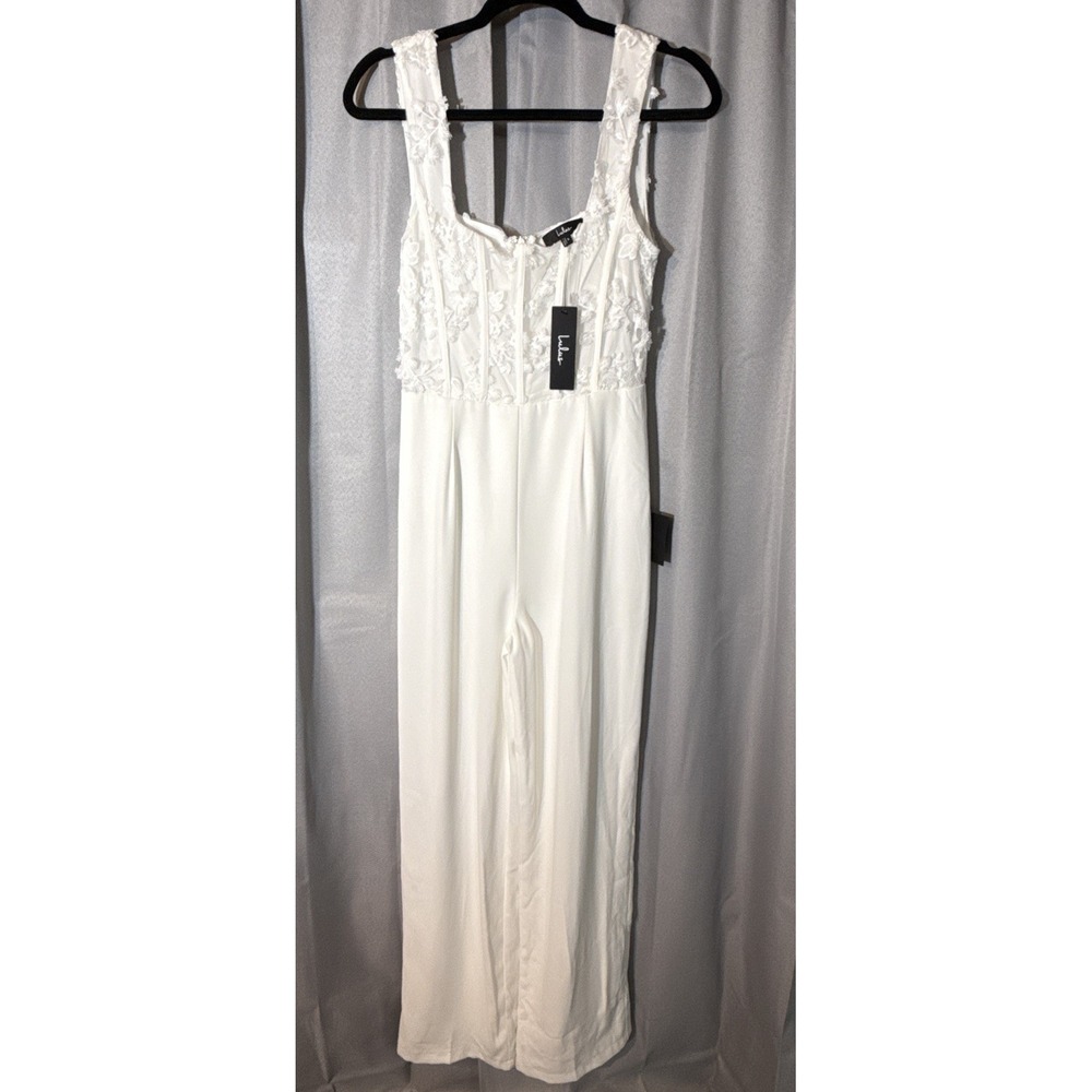 NWT! Lulus Truly Profound White Mesh Floral Embroidered Bustier Jumpsuit S